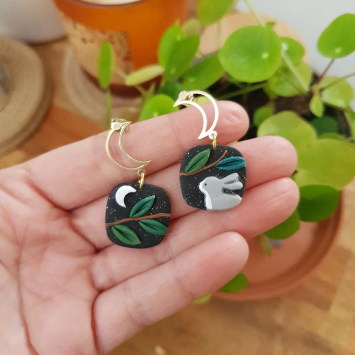 Bunny earrings with midnight sky / asymmetrical / nature woodlands and forest