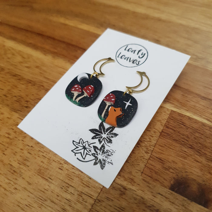 Mini fox and mushrooms earrings with midnight sky / asymmetrical / nature woodlands and forest