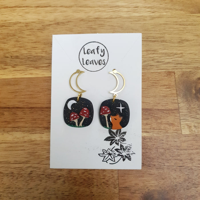 Mini fox and mushrooms earrings with midnight sky / asymmetrical / nature woodlands and forest