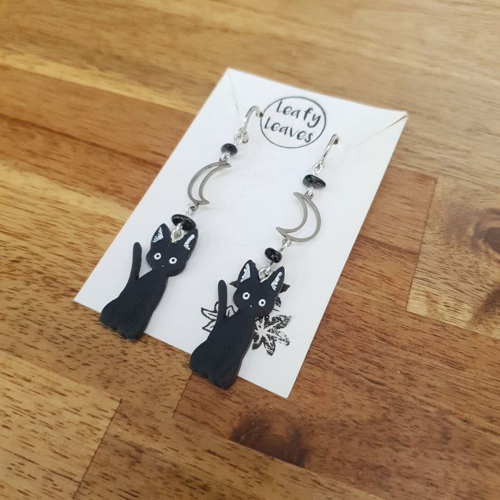 Black cats earrings with moons and obsidian stones / nature woodlands forestcore