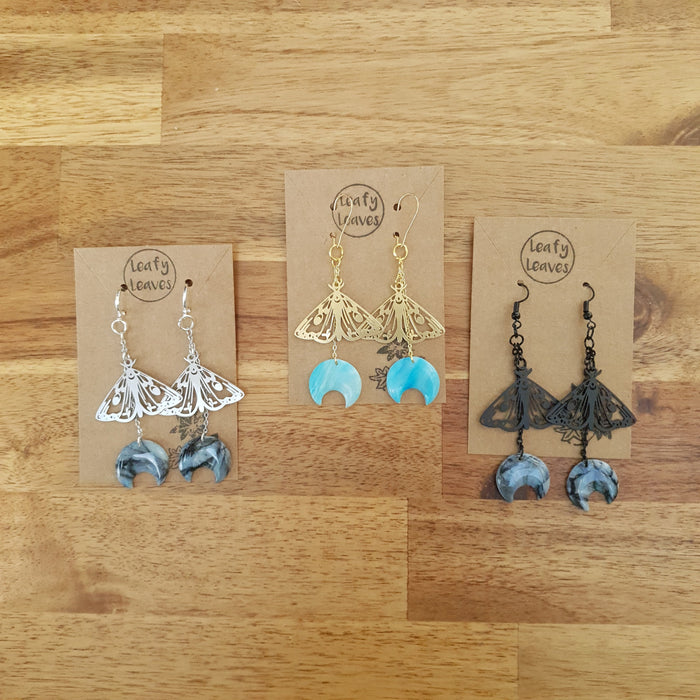 Marbled moons and moths earrings / nature woodlands forestcore