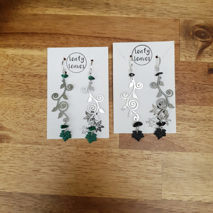 Maple leaf earrings with green or black stones / nature woodlands forestcore