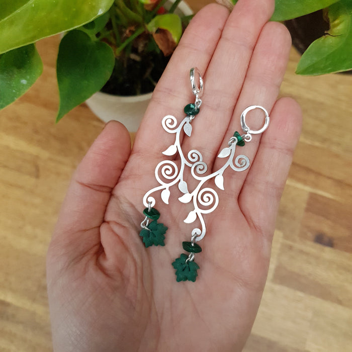 Maple leaf earrings with green or black stones / nature woodlands forestcore