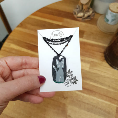 Gray cat on midnight sky necklace / handmade from polymer clay / jewelry pendant