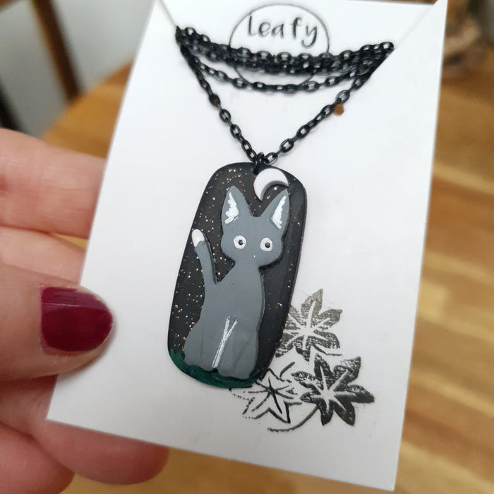 Gray cat on midnight sky necklace / handmade from polymer clay / jewelry pendant
