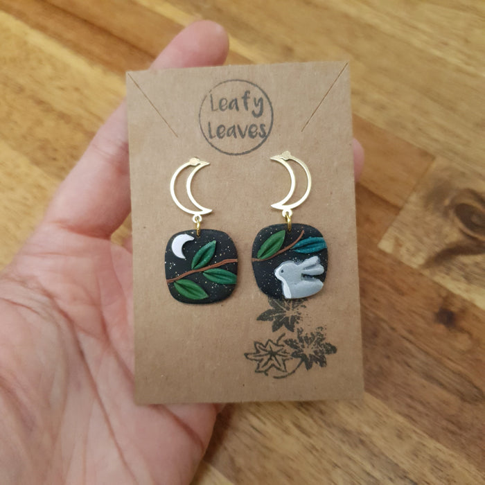 Bunny earrings with midnight sky / asymmetrical / nature woodlands and forest