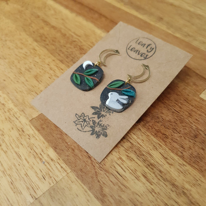 Bunny earrings with midnight sky / asymmetrical / nature woodlands and forest