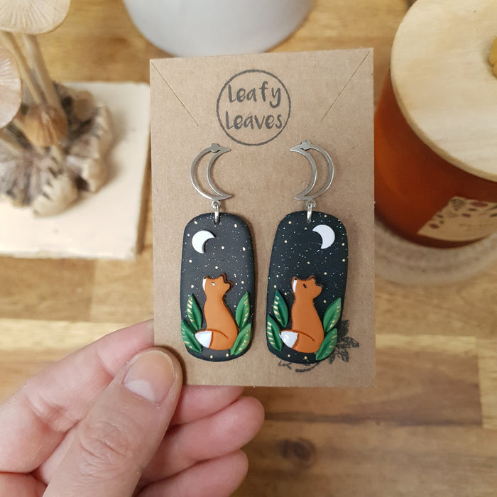 Fox earrings with olographic sky leaves / nature woodlands and forest