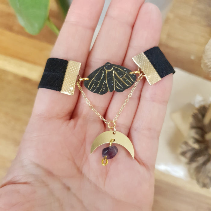Black choker with moth, moon, and rainbow fluorite stone / handmade from polymer clay / nature jewelry pendant