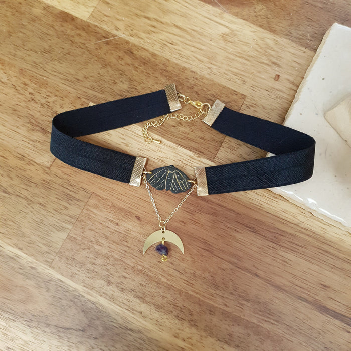 Black choker with moth, moon, and rainbow fluorite stone / handmade from polymer clay / nature jewelry pendant