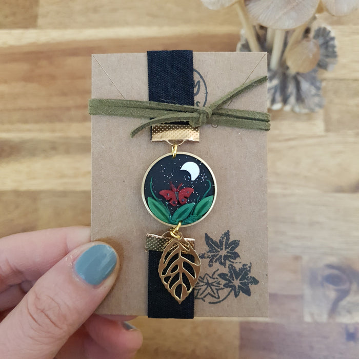 Moth and moon elastic ribbon bookmark adjustable / handmade from polymer clay motifs forest