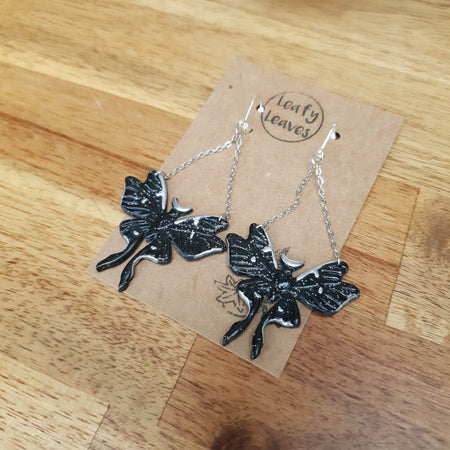 Black luna moths earrings with holographic glitter / nature woodlands and forest