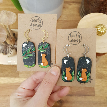 Fox earrings with olographic sky leaves / nature woodlands and forest