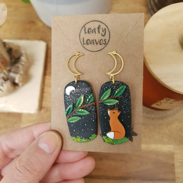 Fox earrings with olographic sky leaves / nature woodlands and forest