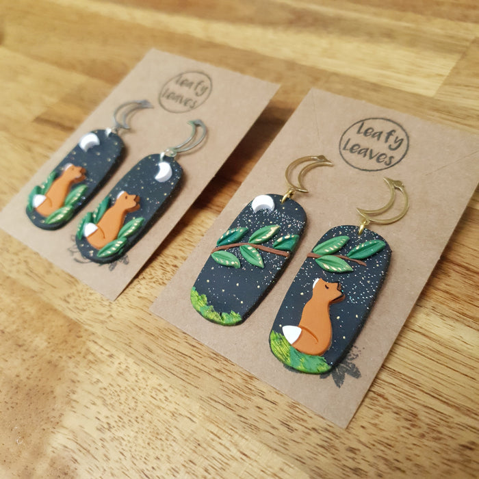 Fox earrings with olographic sky leaves / nature woodlands and forest