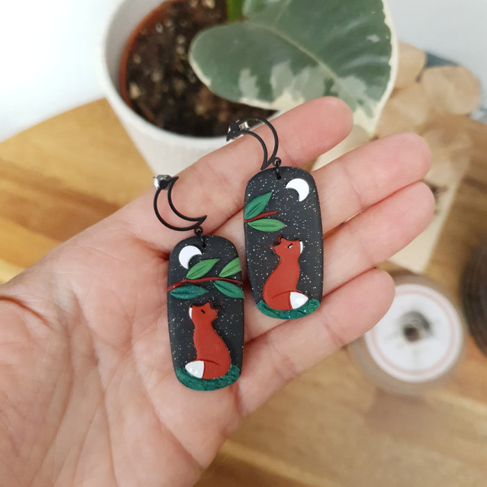 Dark red fox earrings with midnight sky / nature woodlands and forest