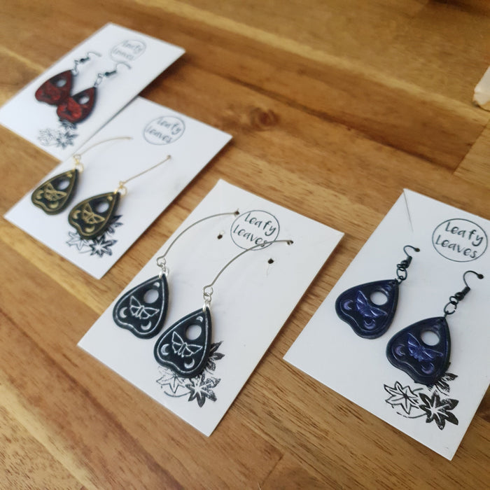 Black planchette with moth earrings / nature woodlands and forest
