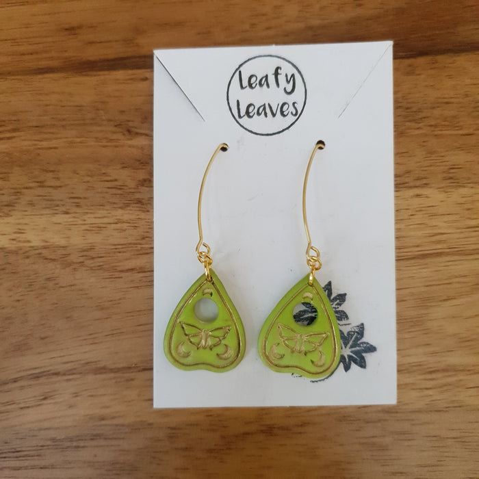 Coloured planchette with moth earrings / nature woodlands and forest