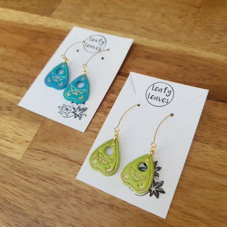 Coloured planchette with moth earrings / nature woodlands and forest