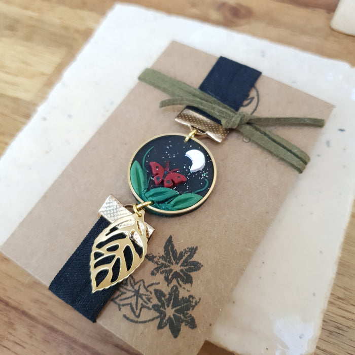 Moth and moon elastic ribbon bookmark adjustable / handmade from polymer clay motifs forest