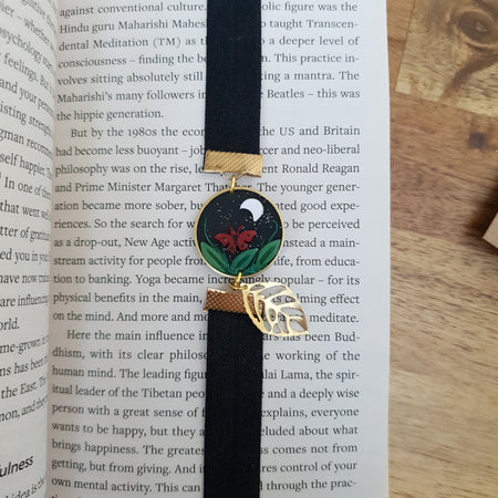 Moth and moon elastic ribbon bookmark adjustable / handmade from polymer clay motifs forest