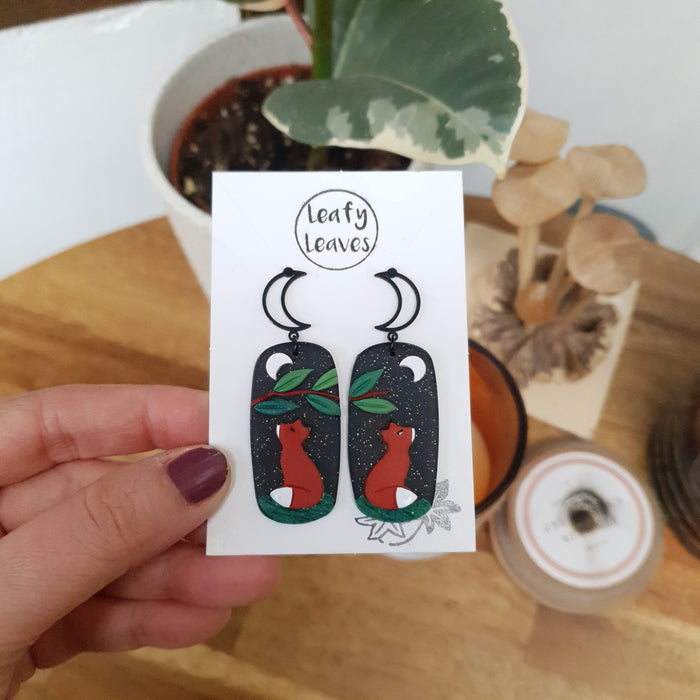 Dark red fox earrings with midnight sky / nature woodlands and forest