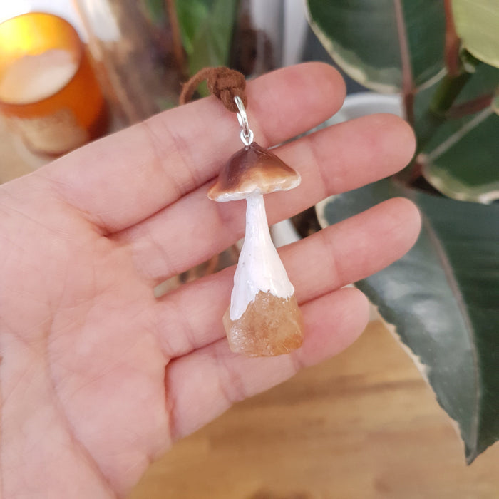 Brown mushroom crystal necklace with rainbow fluorite or citrine stone / nature woodlands and forest