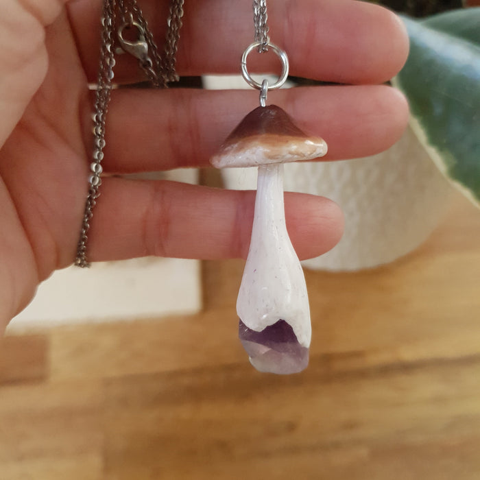 Brown mushroom crystal necklace with rainbow fluorite or citrine stone / nature woodlands and forest