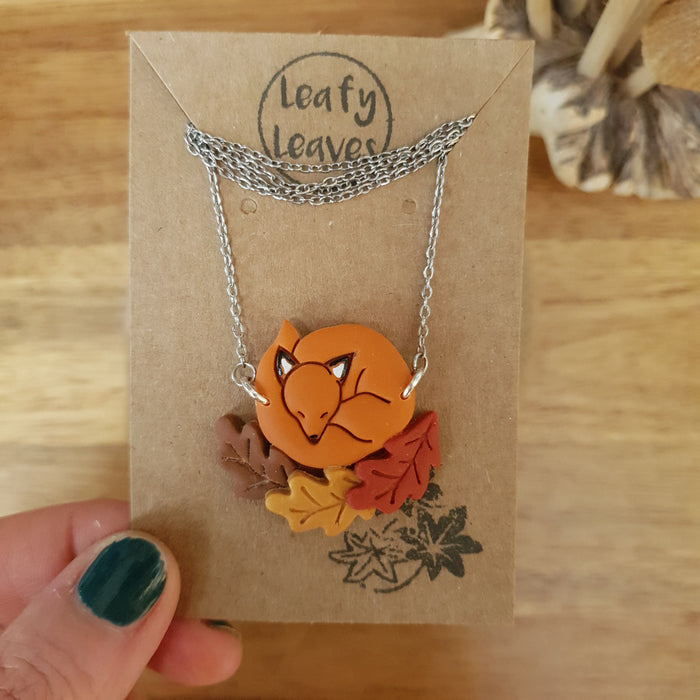 Fox sleeping on Autumn leaves necklace / nature woodlands and forest