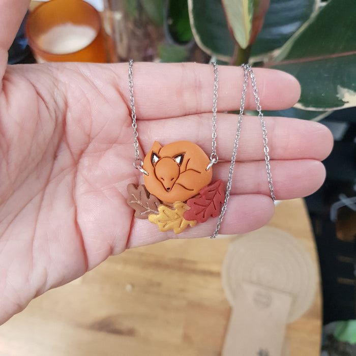 Fox sleeping on Autumn leaves necklace / nature woodlands and forest