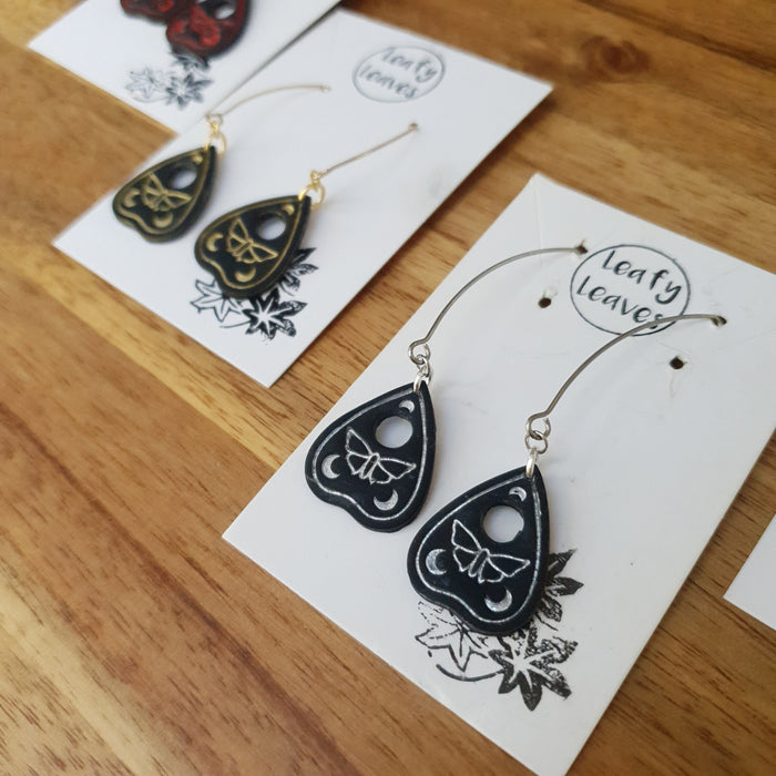 Black planchette with moth earrings / nature woodlands and forest
