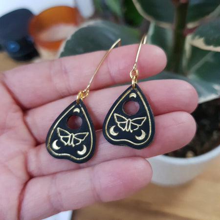 Black planchette with moth earrings / nature woodlands and forest