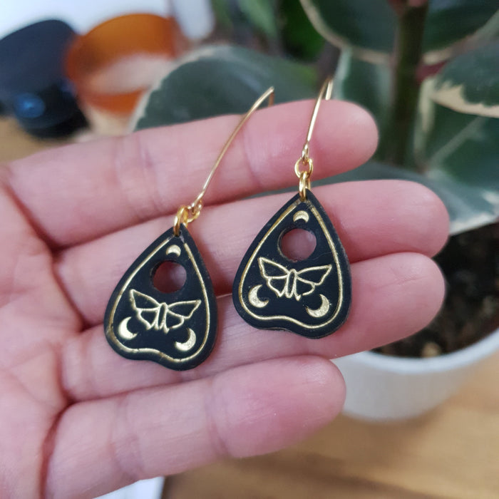 Black planchette with moth earrings / nature woodlands and forest