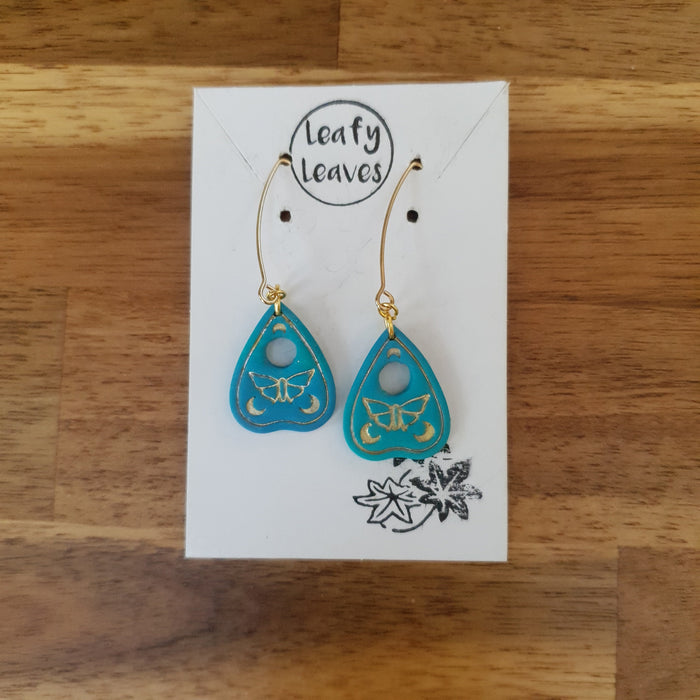 Coloured planchette with moth earrings / nature woodlands and forest