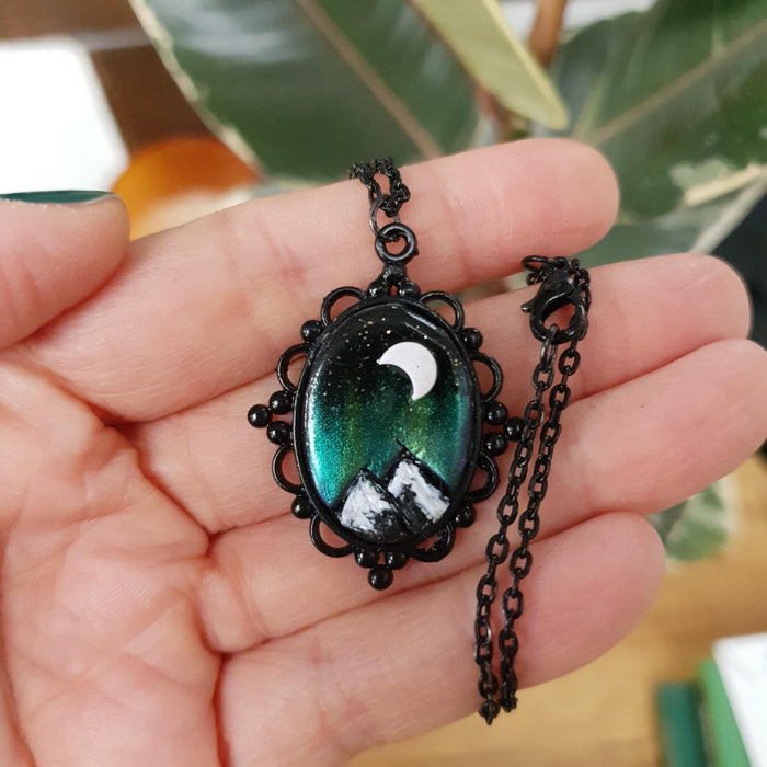 Northern lights mountains scene black necklace cabochon / handmade from polymer clay / nature jewelry pendant
