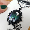 Northern lights mountains scene black necklace cabochon / handmade from polymer clay / nature jewelry pendant