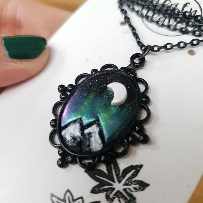 Northern lights mountains scene black necklace cabochon / handmade from polymer clay / nature jewelry pendant