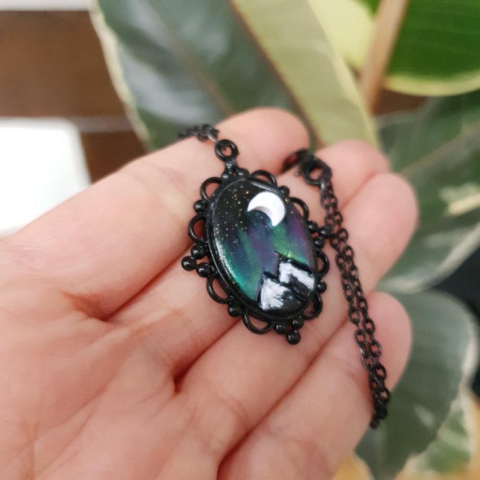 Northern lights mountains scene black necklace cabochon / handmade from polymer clay / nature jewelry pendant