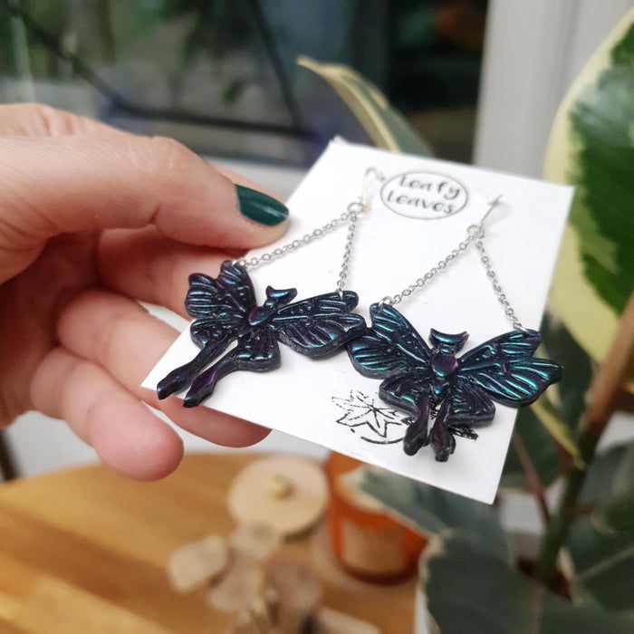 Luna moths earrings with duo chrome effect / nature woodlands and forest