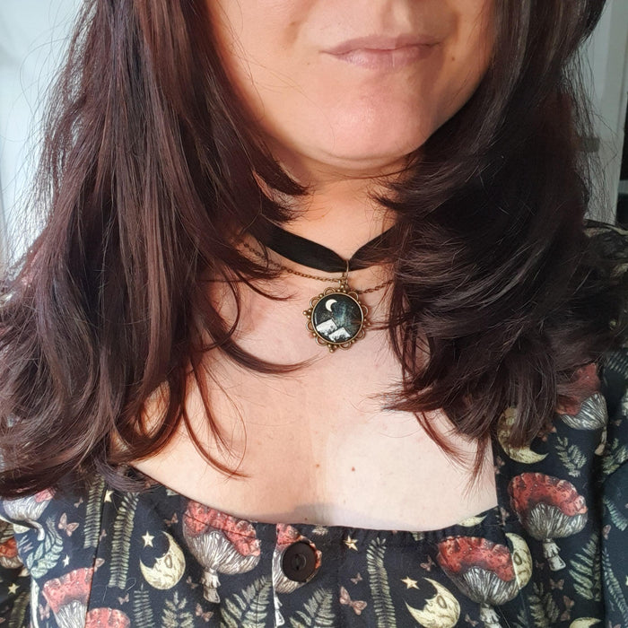 Mountains landscape velvet choker / handmade from polymer clay / nature jewelry pendant