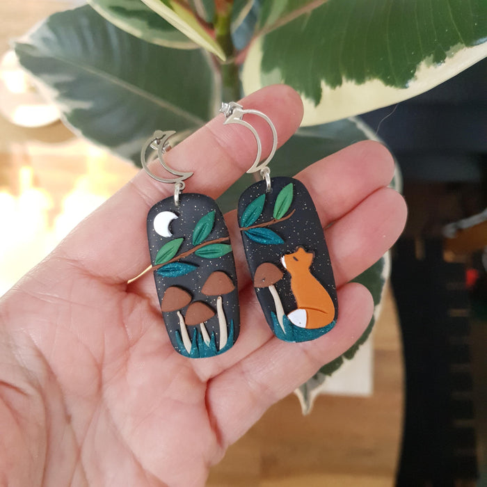 Brown mushrooms midnight sky asymmetrical earrings with foxes / nature woodlands and forest