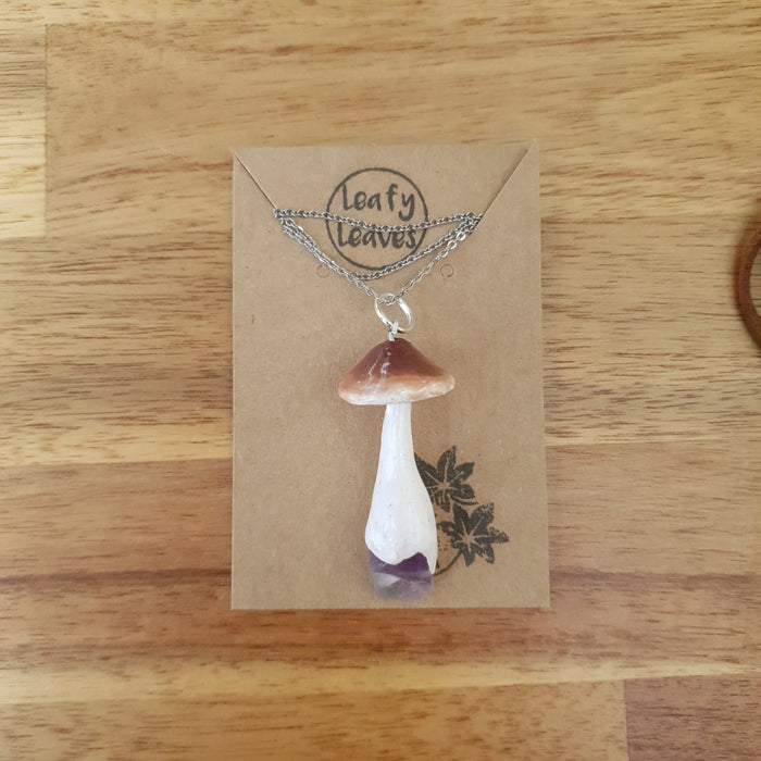 Brown mushroom crystal necklace with rainbow fluorite or citrine stone / nature woodlands and forest