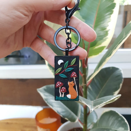 Fox key chain with mushrooms / forest accessories