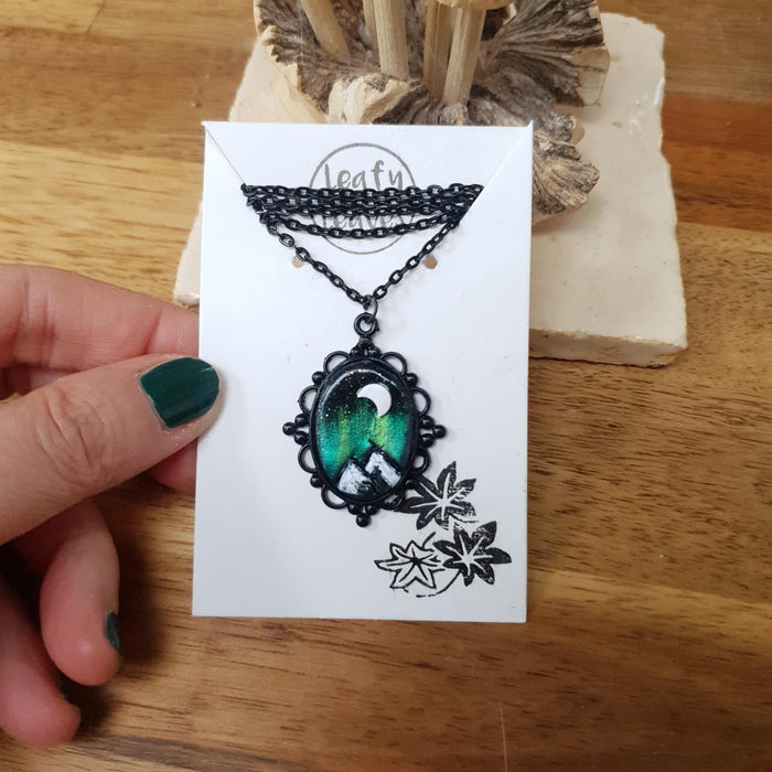Northern lights mountains scene black necklace cabochon / handmade from polymer clay / nature jewelry pendant