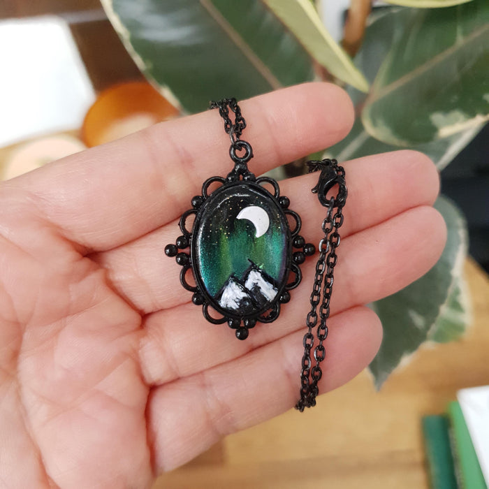 Northern lights mountains scene black necklace cabochon / handmade from polymer clay / nature jewelry pendant