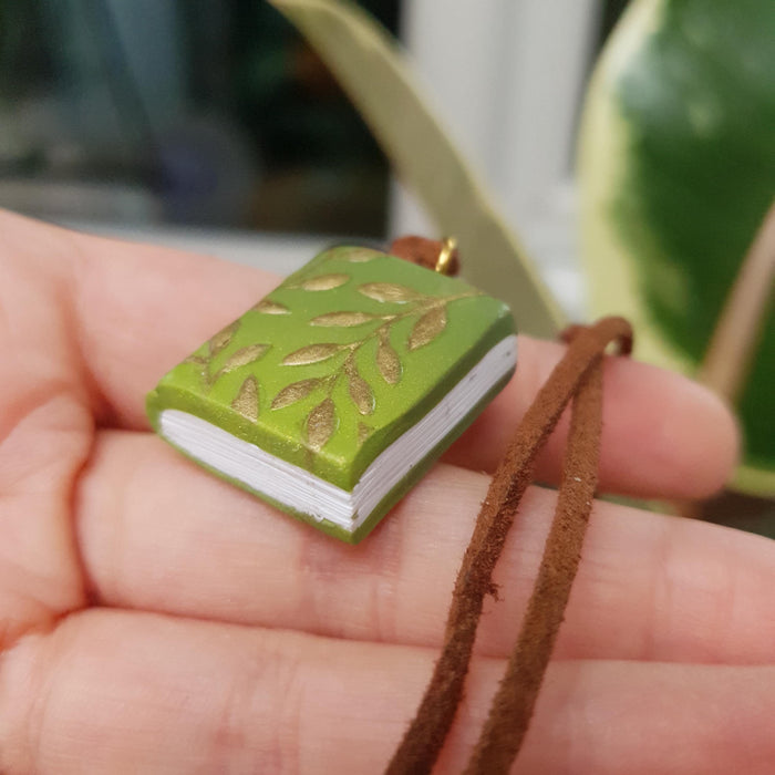 Leafy book necklace / handmade from polymer clay / nature jewelry pendant