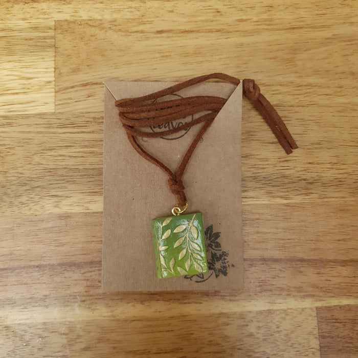 Leafy book necklace / handmade from polymer clay / nature jewelry pendant