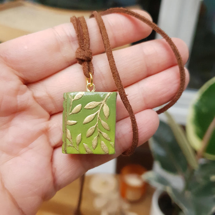 Leafy book necklace / handmade from polymer clay / nature jewelry pendant