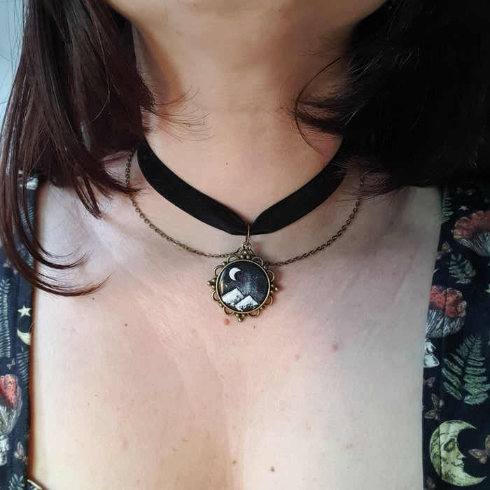 Mountains landscape velvet choker / handmade from polymer clay / nature jewelry pendant