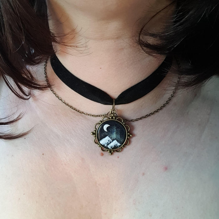 Mountains landscape velvet choker / handmade from polymer clay / nature jewelry pendant